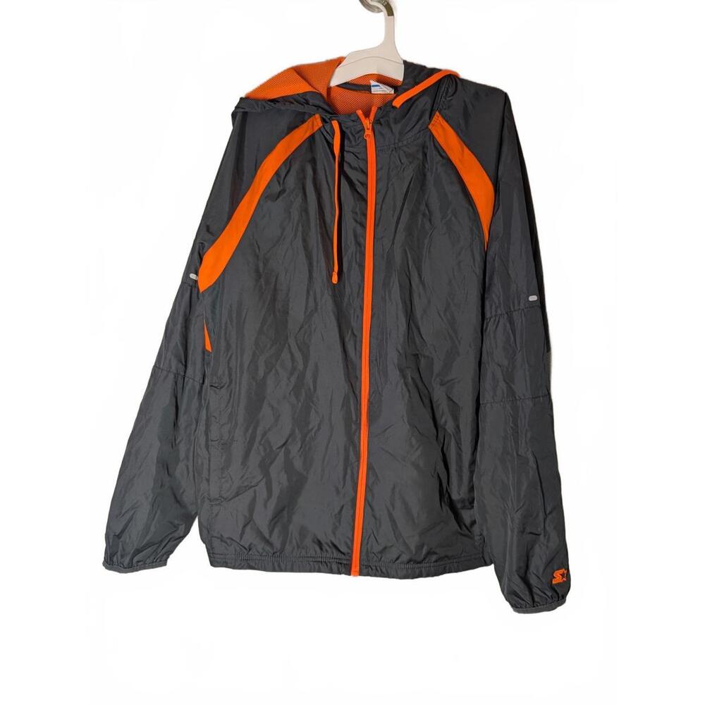 Starter Men's Windbreaker Jacket Gray & Orange Lightweight Hooded Medium